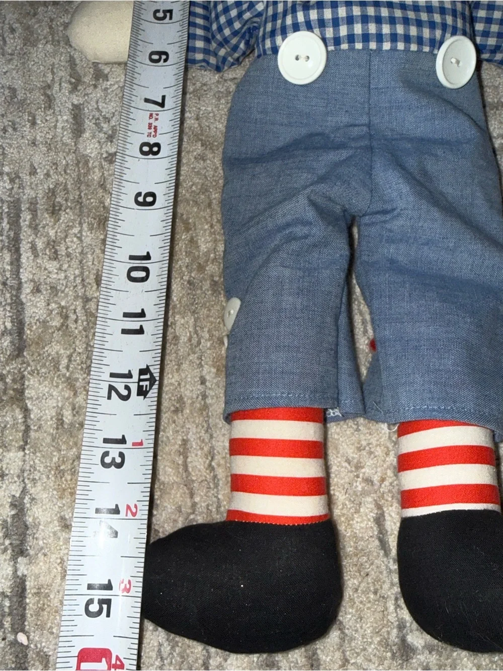 Raggedy Andy cloth tag doll red hair blue checkered shirt blue trousers 15”